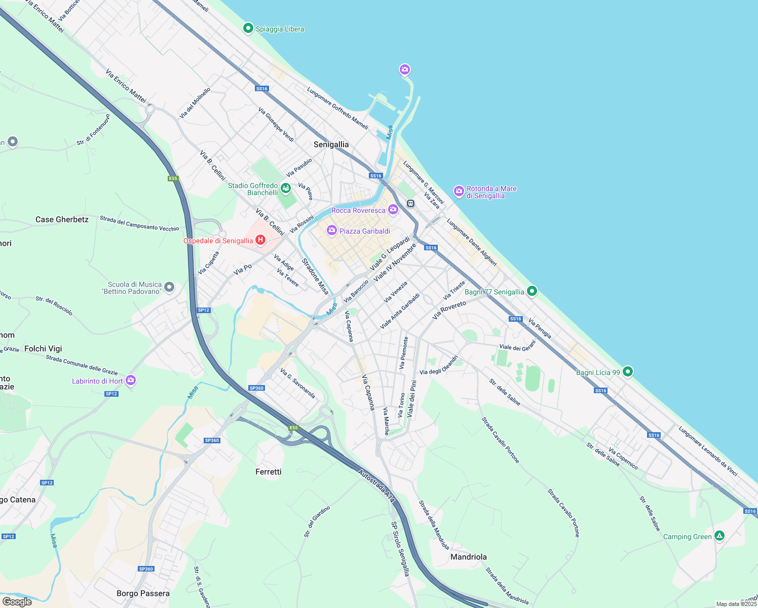 map of restaurants, bars, coffee shops, grocery stores, and more near 50 Via Venezia in Senigallia