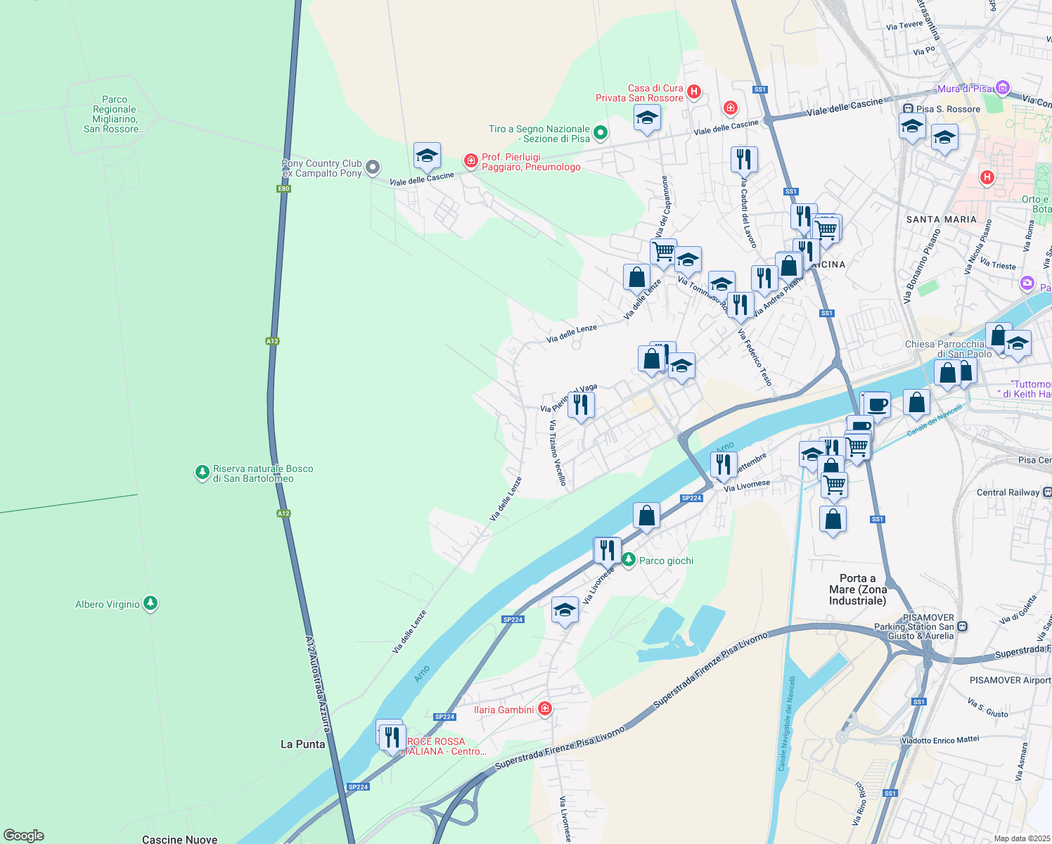 map of restaurants, bars, coffee shops, grocery stores, and more near 157a Via delle Lenze in Pisa