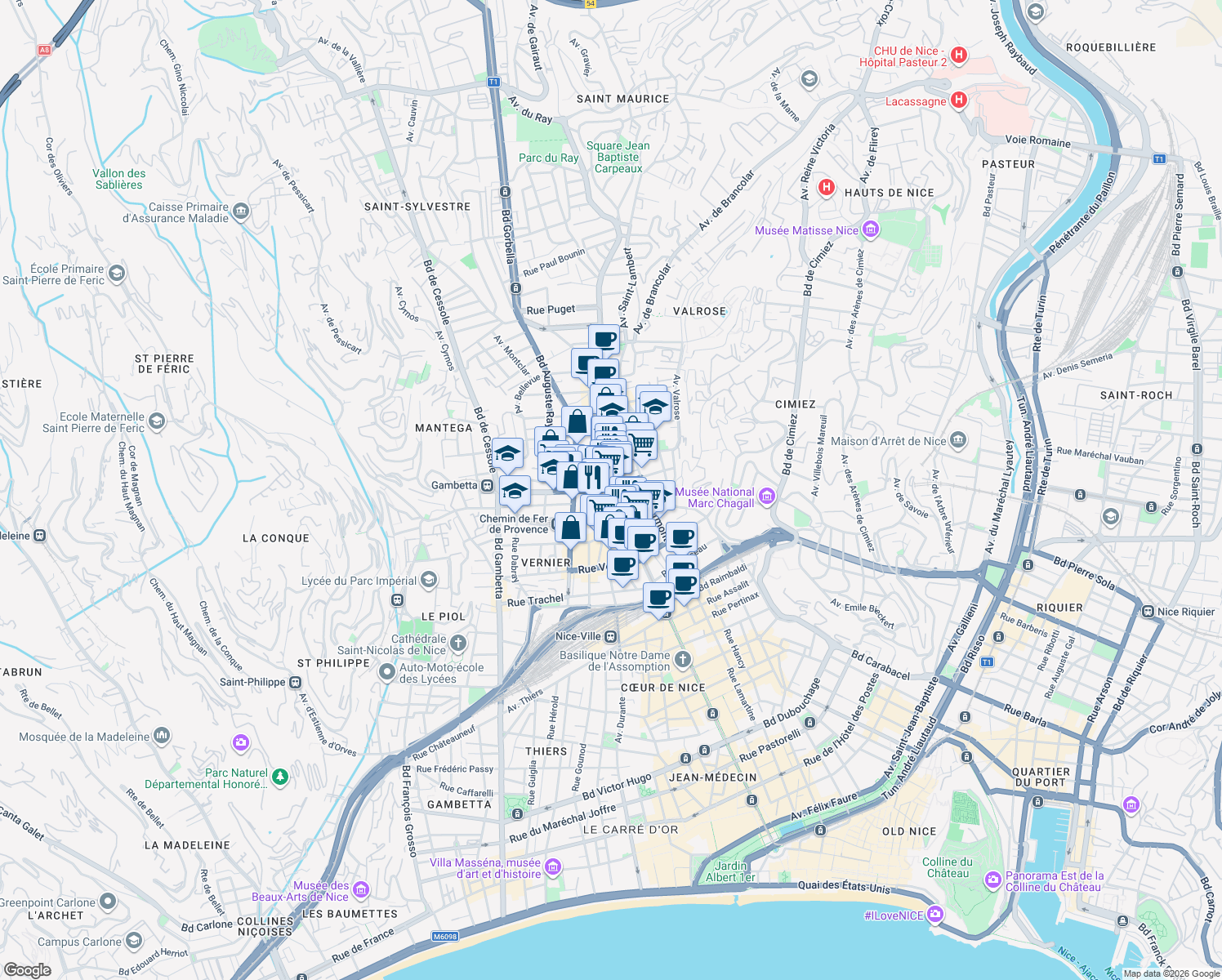 map of restaurants, bars, coffee shops, grocery stores, and more near in Nice