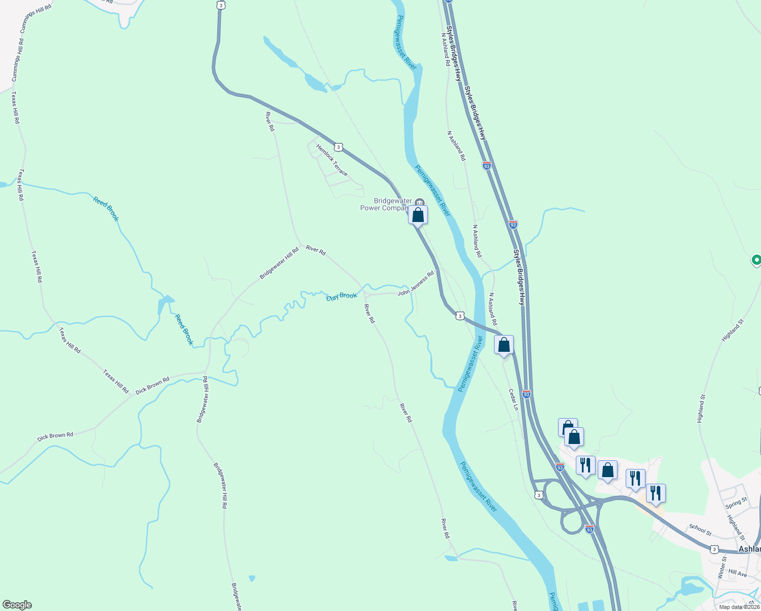 map of restaurants, bars, coffee shops, grocery stores, and more near 521 River Road in Plymouth