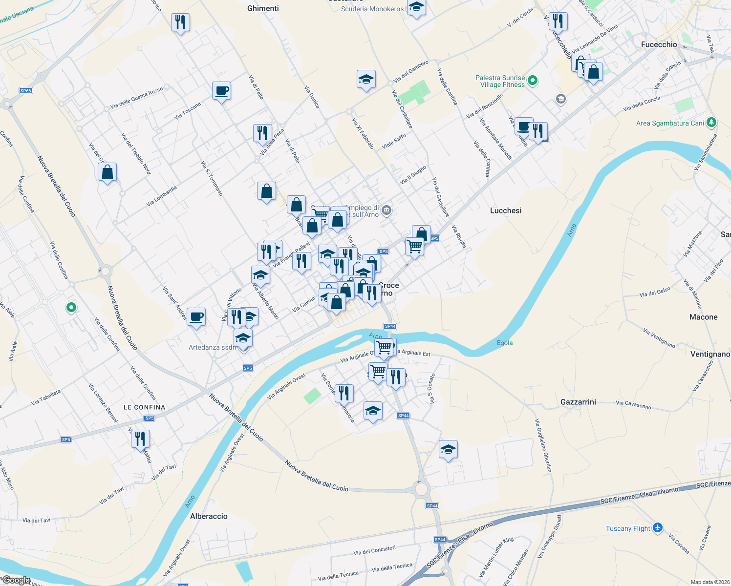map of restaurants, bars, coffee shops, grocery stores, and more near 15 Via Giuseppe Verdi in Santa Croce sull'Arno