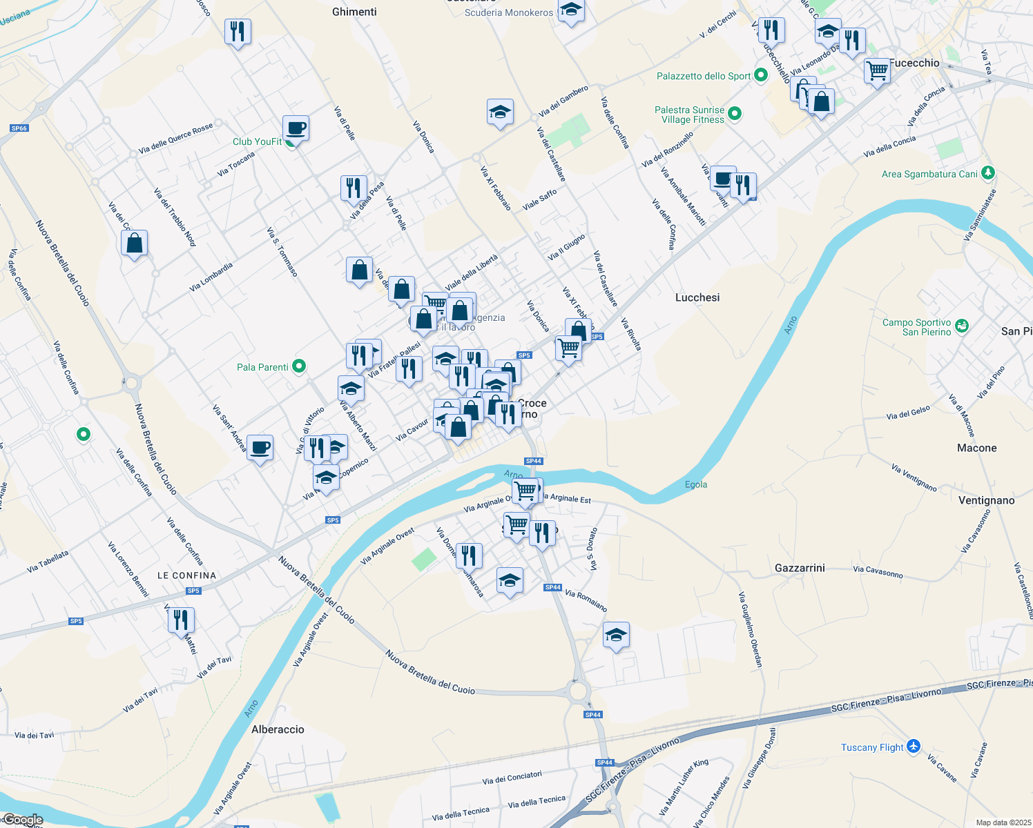 map of restaurants, bars, coffee shops, grocery stores, and more near in Santa Croce sull'Arno