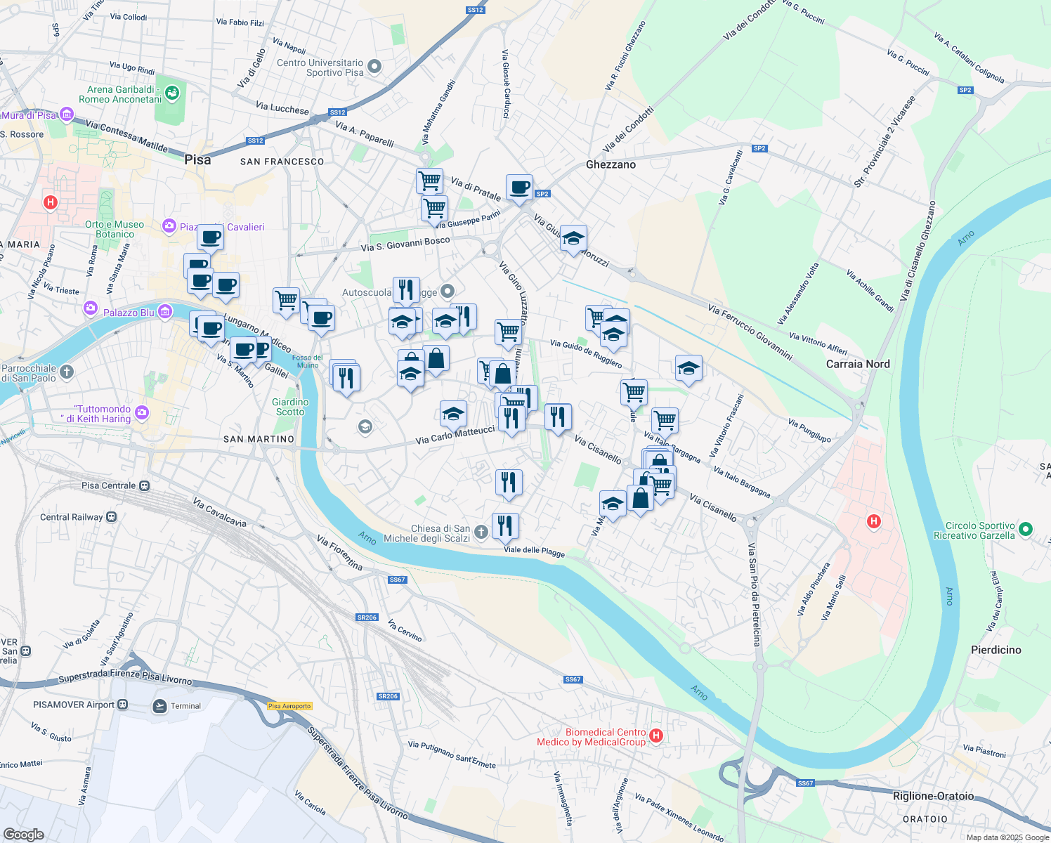 map of restaurants, bars, coffee shops, grocery stores, and more near 81 Via Carlo Matteucci in Pisa
