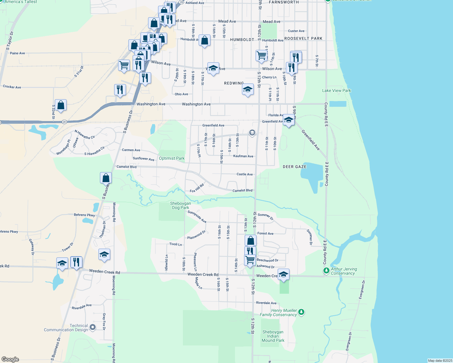map of restaurants, bars, coffee shops, grocery stores, and more near 1366 Kings Court in Sheboygan