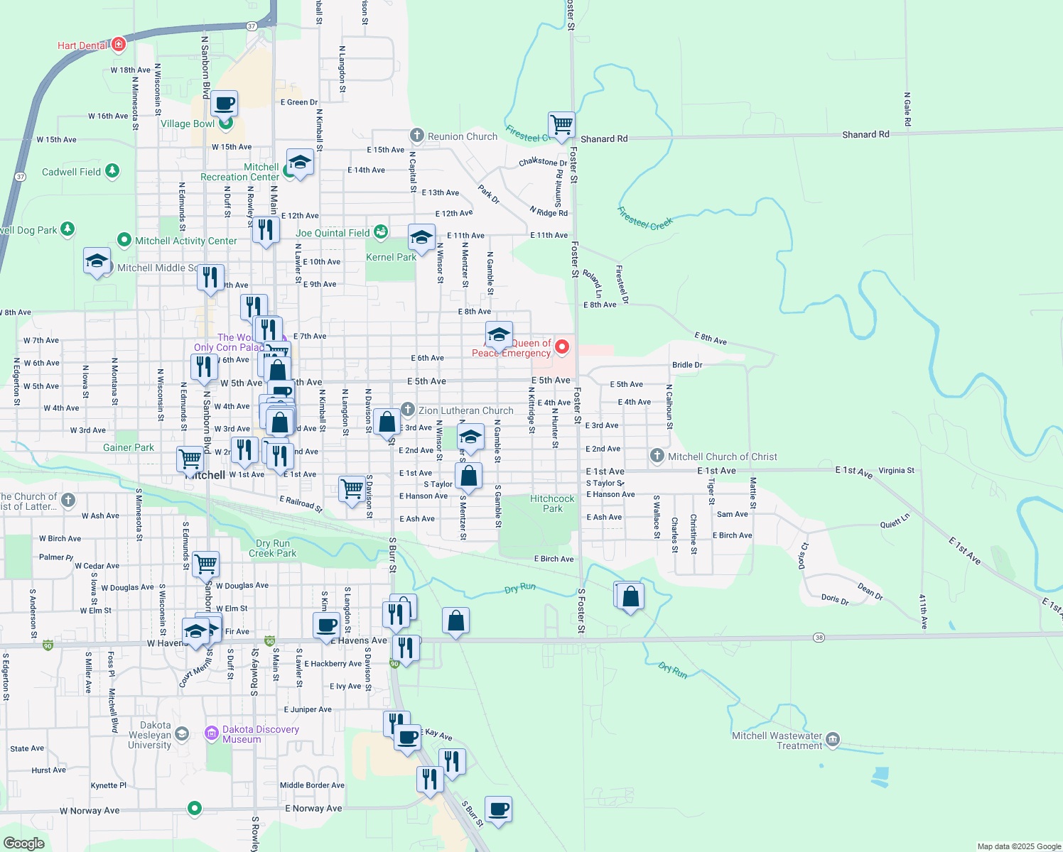 map of restaurants, bars, coffee shops, grocery stores, and more near 298 N Kittridge St in Mitchell