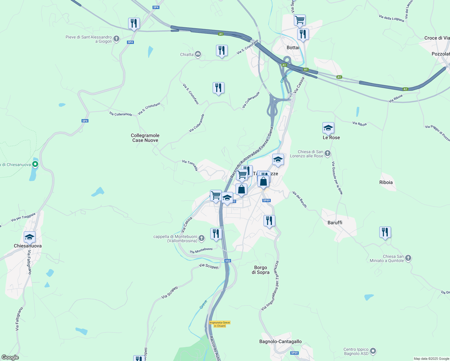 map of restaurants, bars, coffee shops, grocery stores, and more near 3 Via Torricella in Tavarnuzze