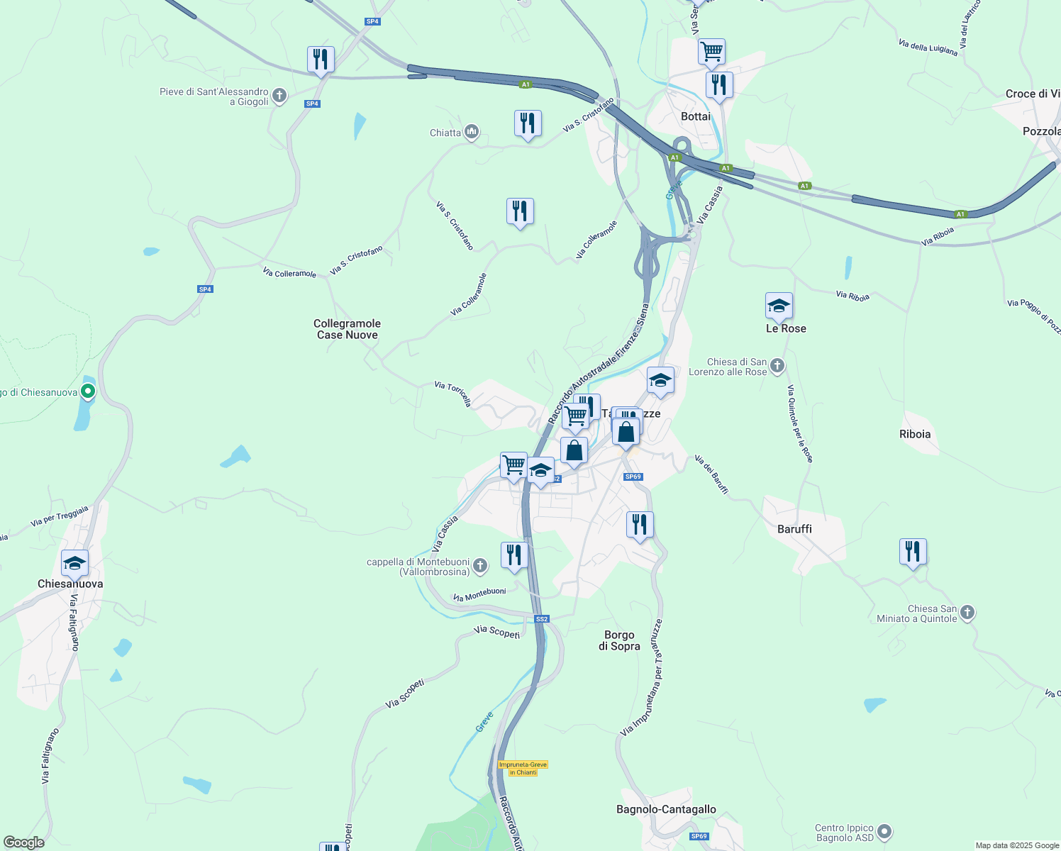 map of restaurants, bars, coffee shops, grocery stores, and more near 3 Via Torricella in Tavarnuzze