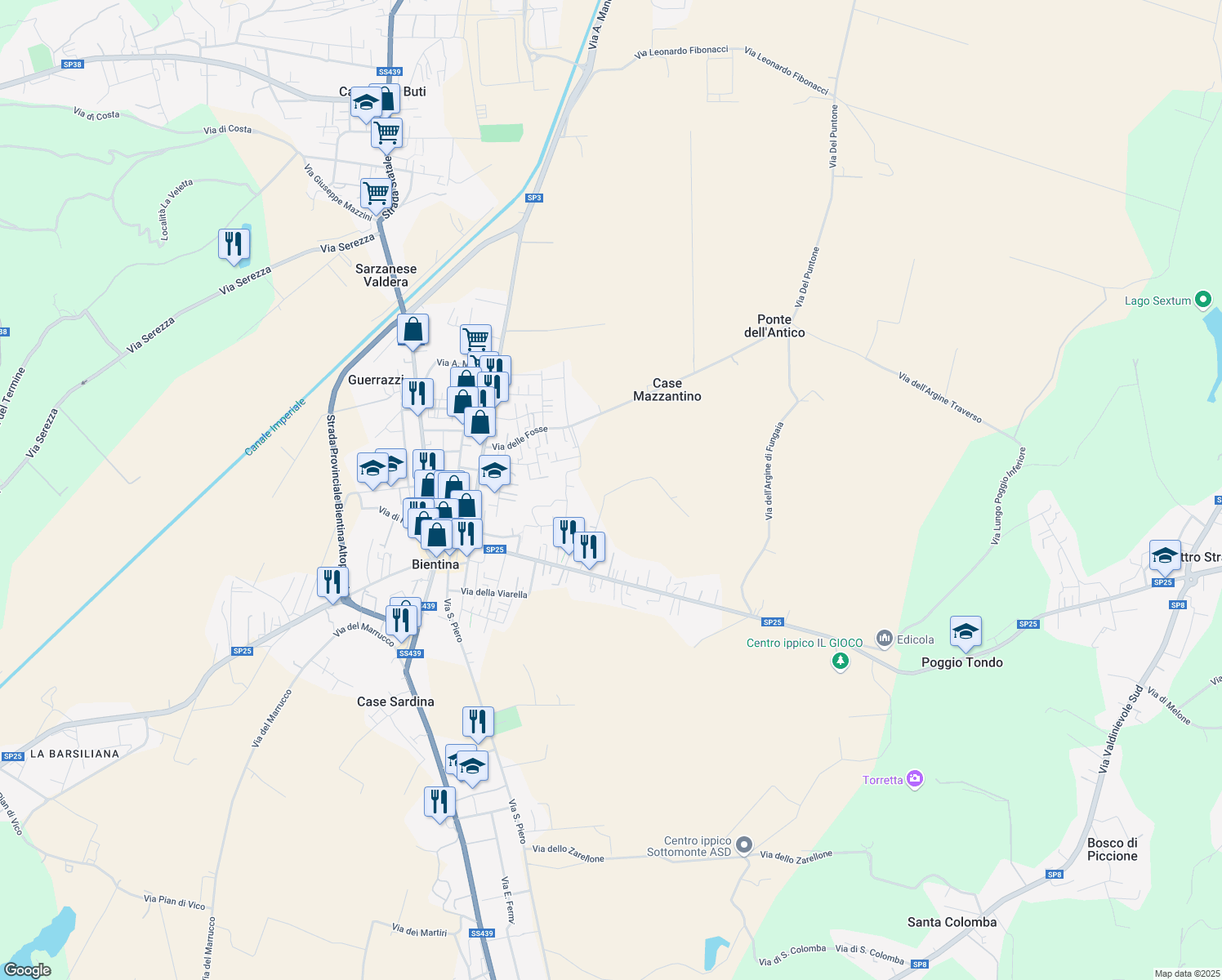 map of restaurants, bars, coffee shops, grocery stores, and more near 31A Via delle Croci in Bientina