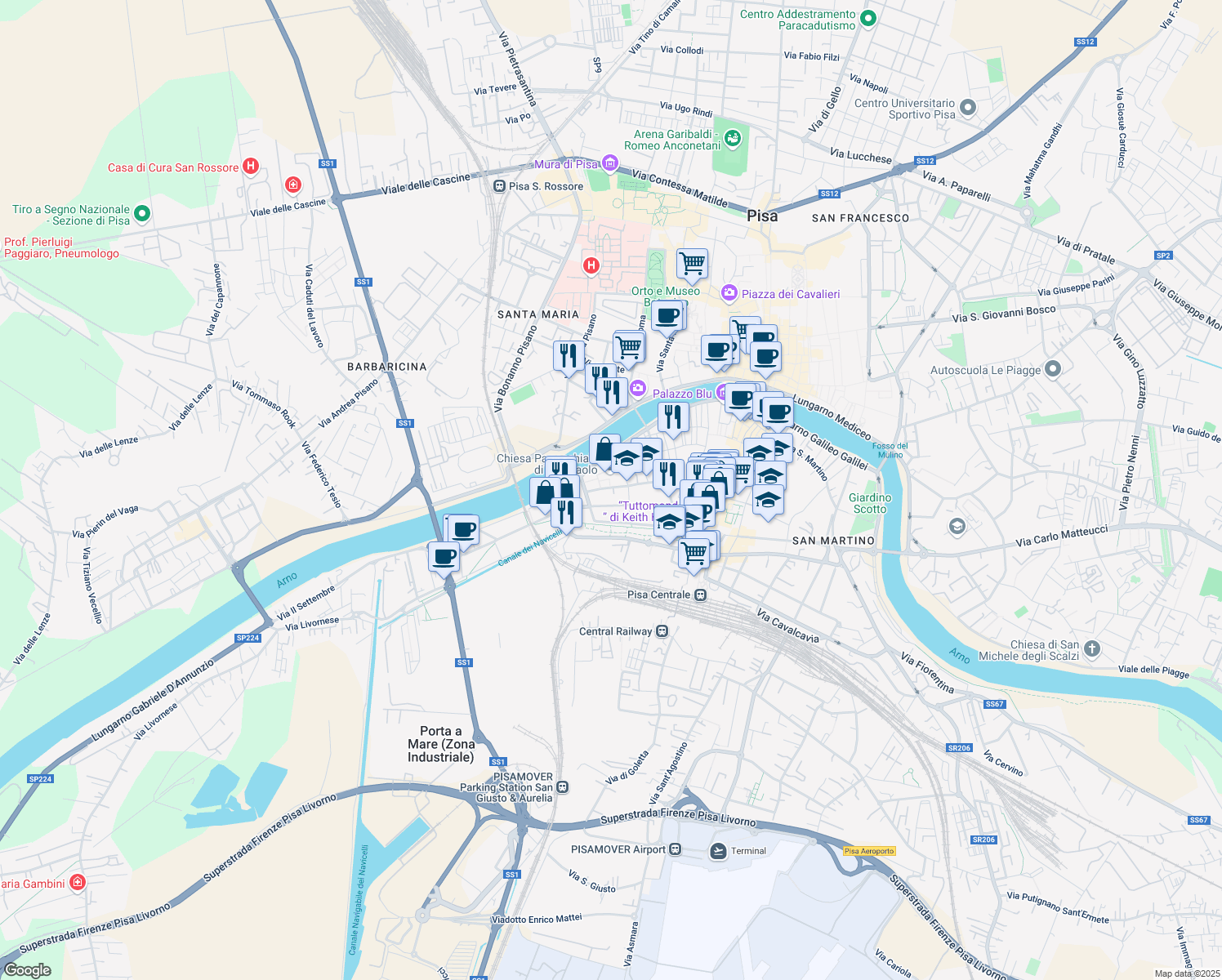 map of restaurants, bars, coffee shops, grocery stores, and more near 2 Piazza San Paolo a Ripa D'Arno in Pisa