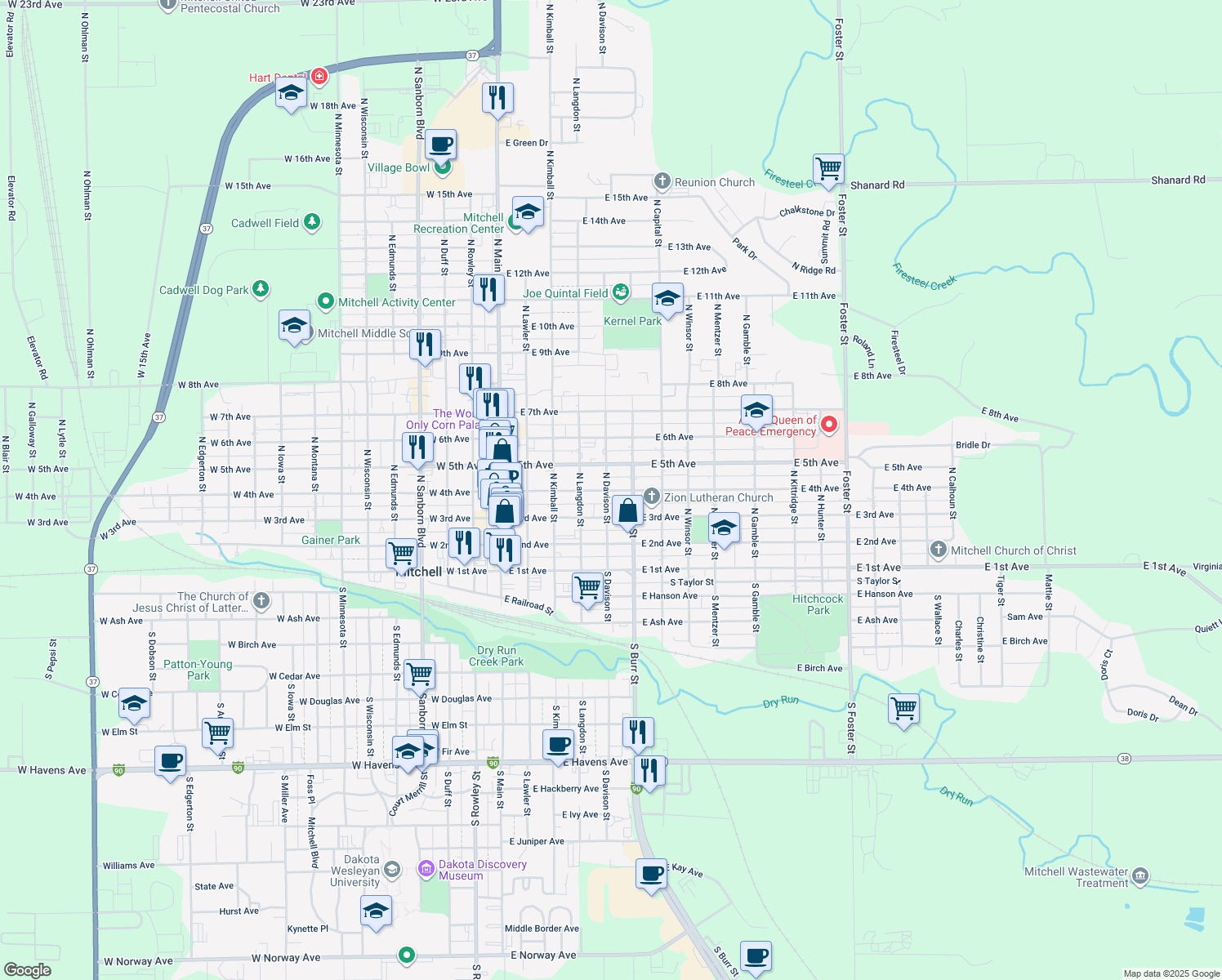 map of restaurants, bars, coffee shops, grocery stores, and more near 516 East 4th Avenue in Mitchell