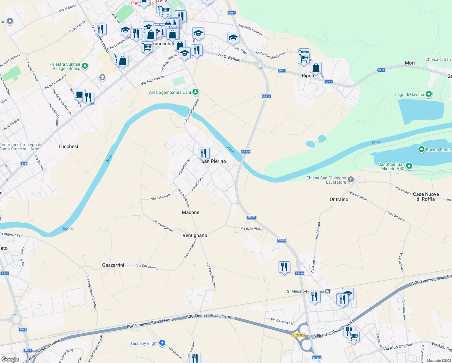 map of restaurants, bars, coffee shops, grocery stores, and more near 146 Via Sanminiatese in San Pierino