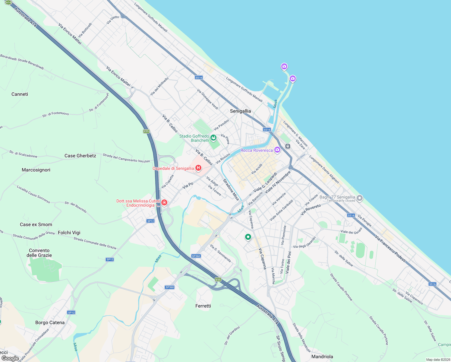 map of restaurants, bars, coffee shops, grocery stores, and more near 44 Stradone Misa in Senigallia
