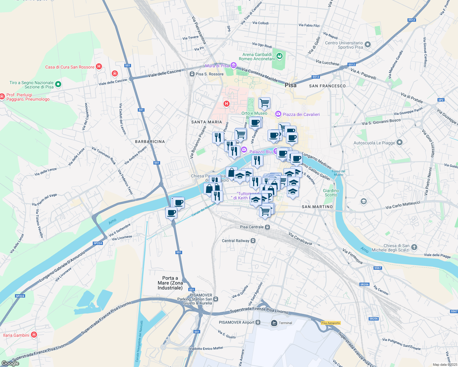 map of restaurants, bars, coffee shops, grocery stores, and more near 2 Piazza San Paolo a Ripa D'Arno in Pisa