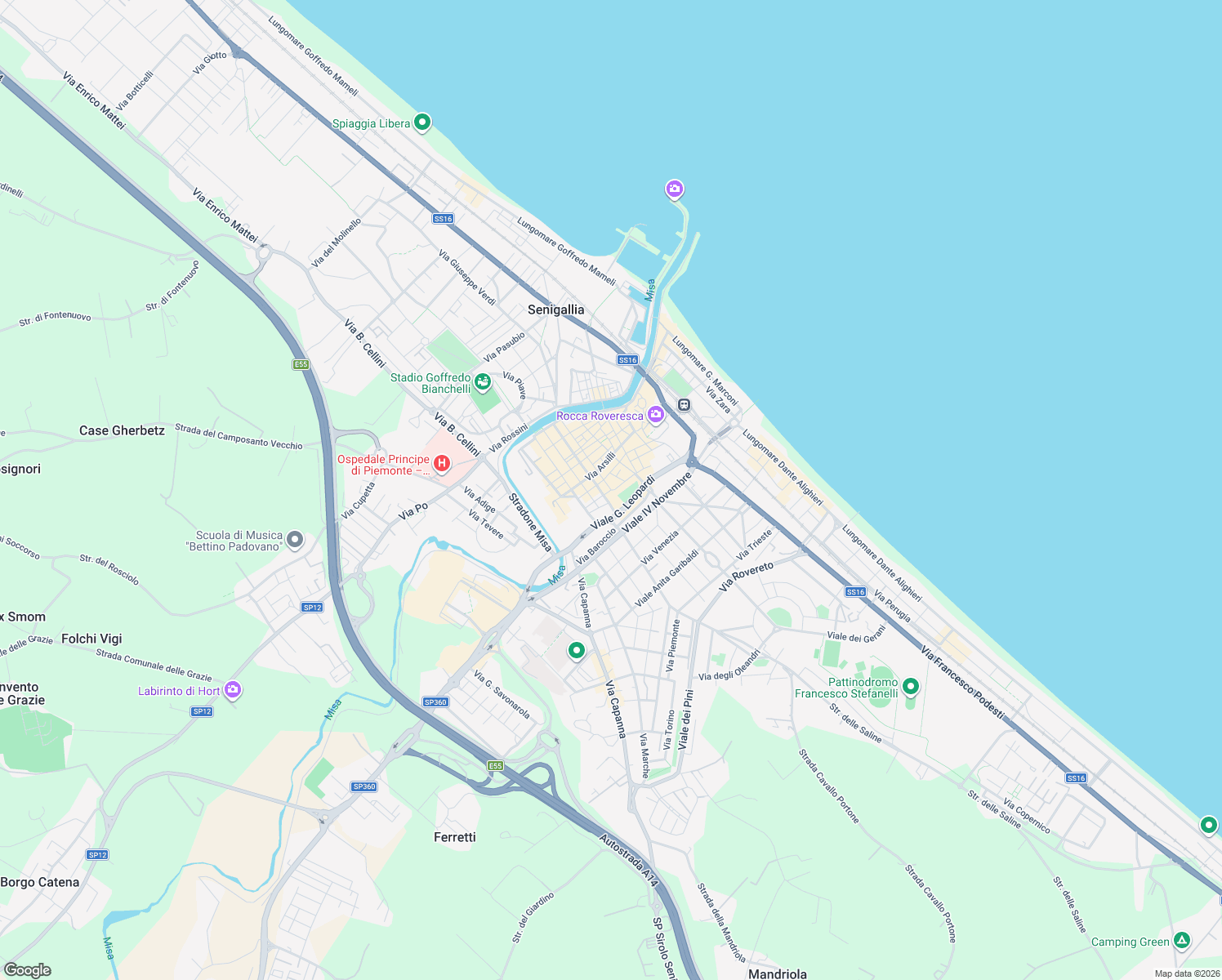 map of restaurants, bars, coffee shops, grocery stores, and more near 11 Via Cesare Battisti in Senigallia