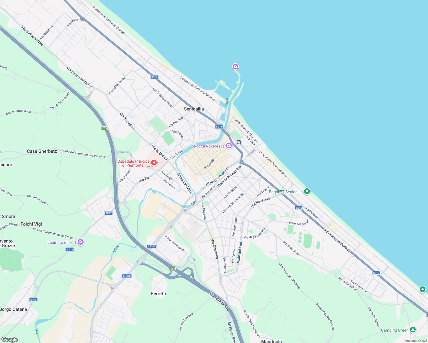 map of restaurants, bars, coffee shops, grocery stores, and more near 11 Via Cesare Battisti in Senigallia