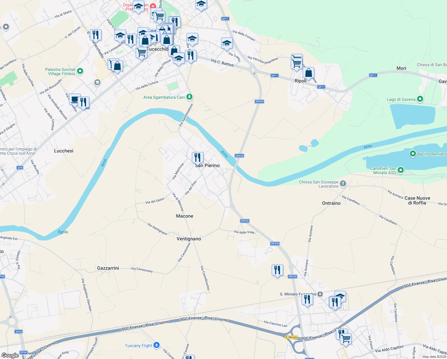 map of restaurants, bars, coffee shops, grocery stores, and more near 146 Via Sanminiatese in San Pierino