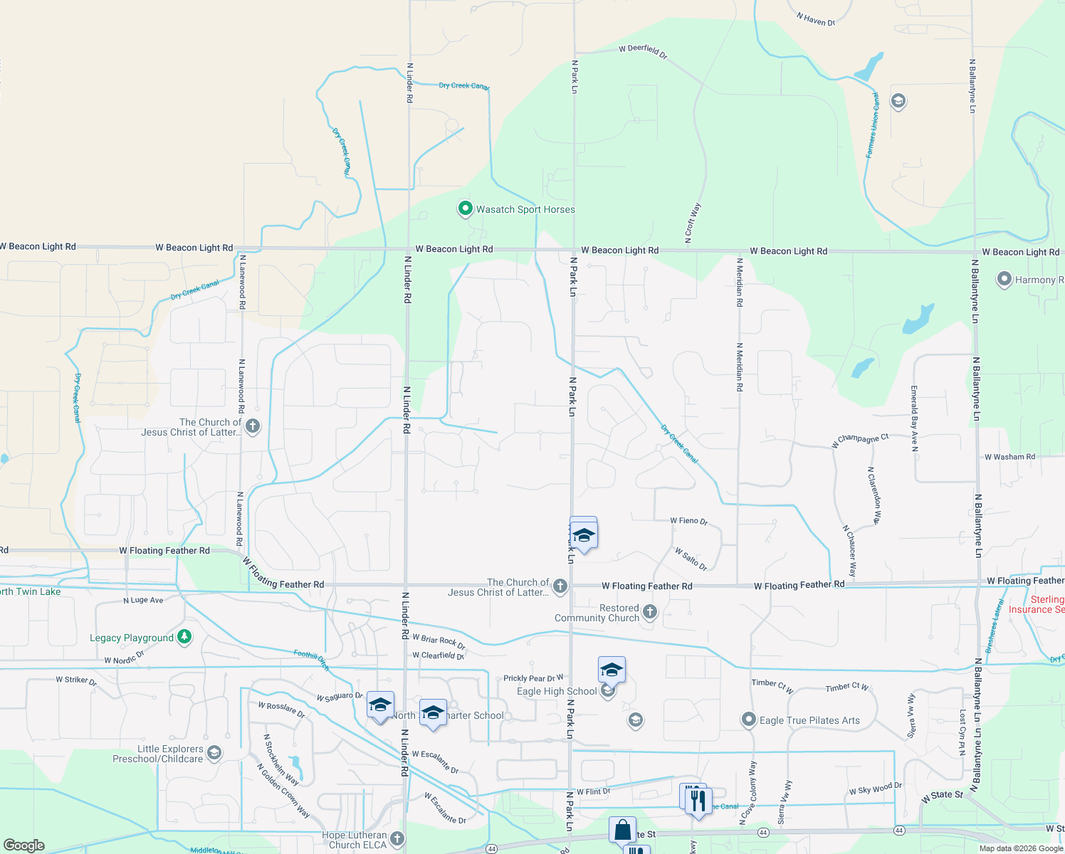 map of restaurants, bars, coffee shops, grocery stores, and more near 4186 West Pine Meadows Drive in Eagle