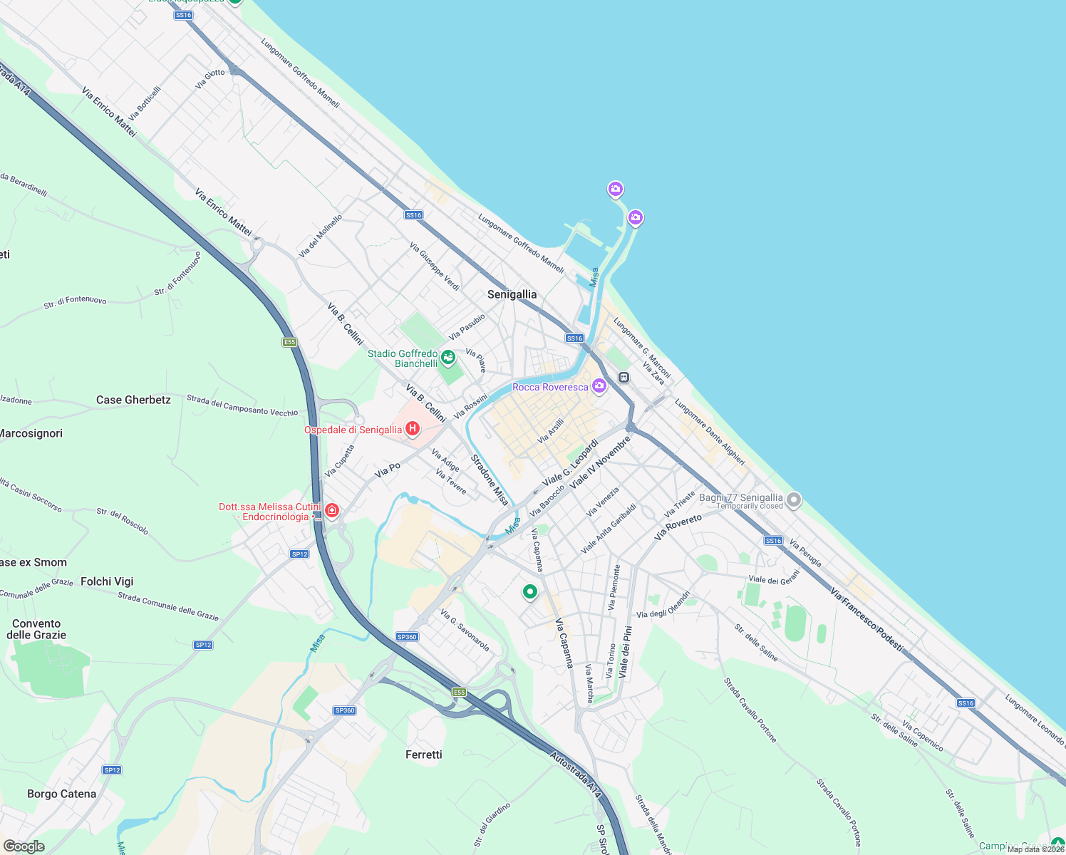 map of restaurants, bars, coffee shops, grocery stores, and more near 17 Via Maierini in Senigallia