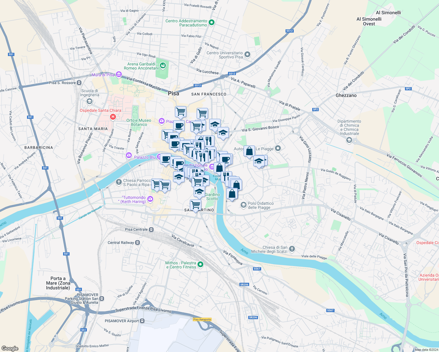 map of restaurants, bars, coffee shops, grocery stores, and more near 13-21 Via Santa Marta in Pisa