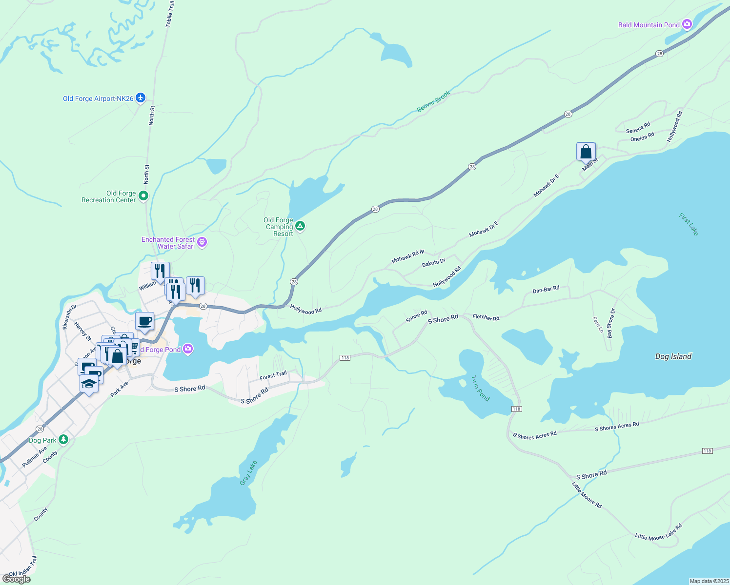 map of restaurants, bars, coffee shops, grocery stores, and more near 200 Hollywood Road in Old Forge