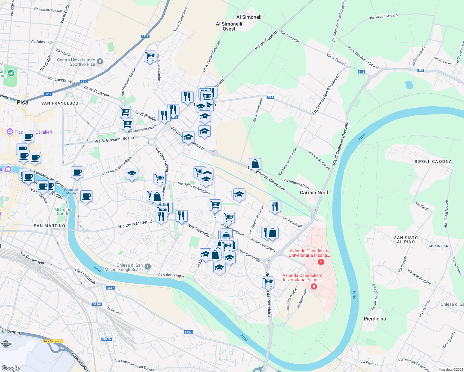 map of restaurants, bars, coffee shops, grocery stores, and more near 41 Via Pungilupo in Pisa