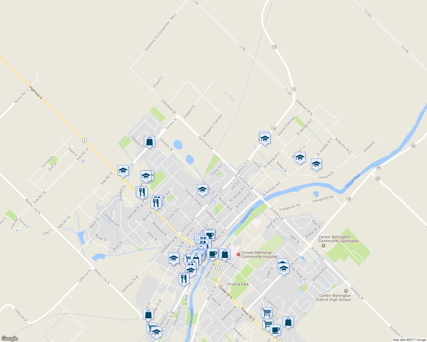 map of restaurants, bars, coffee shops, grocery stores, and more near 451 Forfar Street East in Fergus
