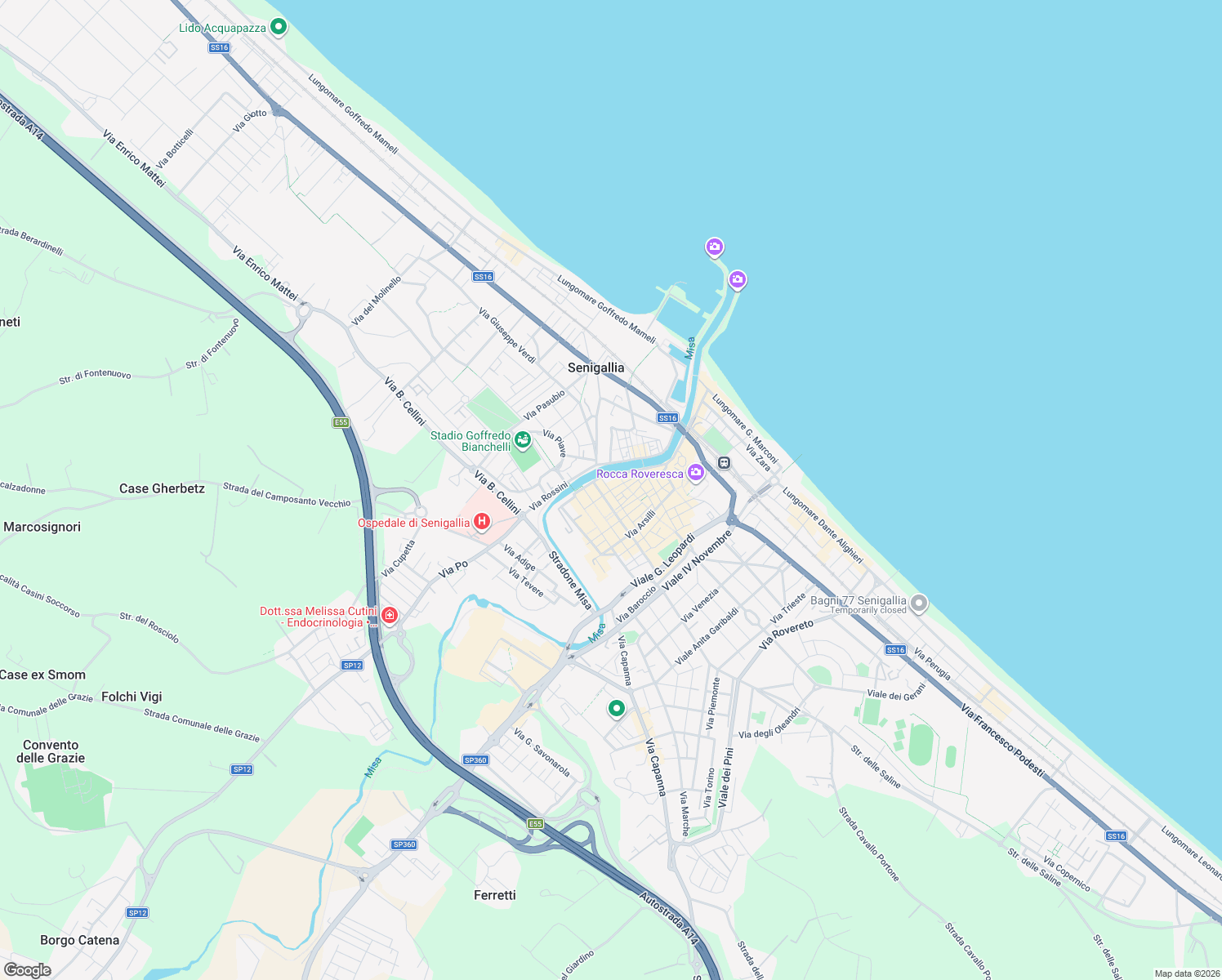 map of restaurants, bars, coffee shops, grocery stores, and more near 17 Via Maierini in Senigallia