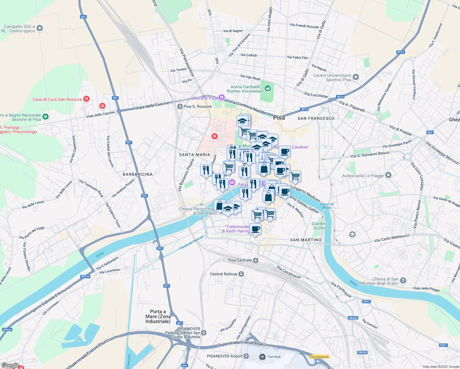 map of restaurants, bars, coffee shops, grocery stores, and more near 3 Piazza Solferino in Pisa