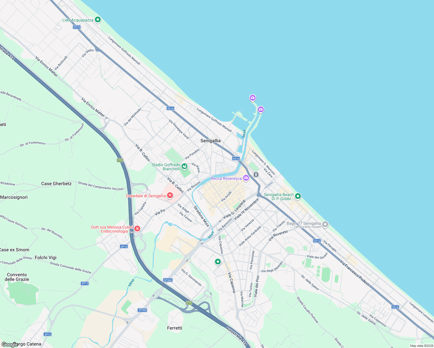 map of restaurants, bars, coffee shops, grocery stores, and more near 12 Via XX Settembre in Senigallia