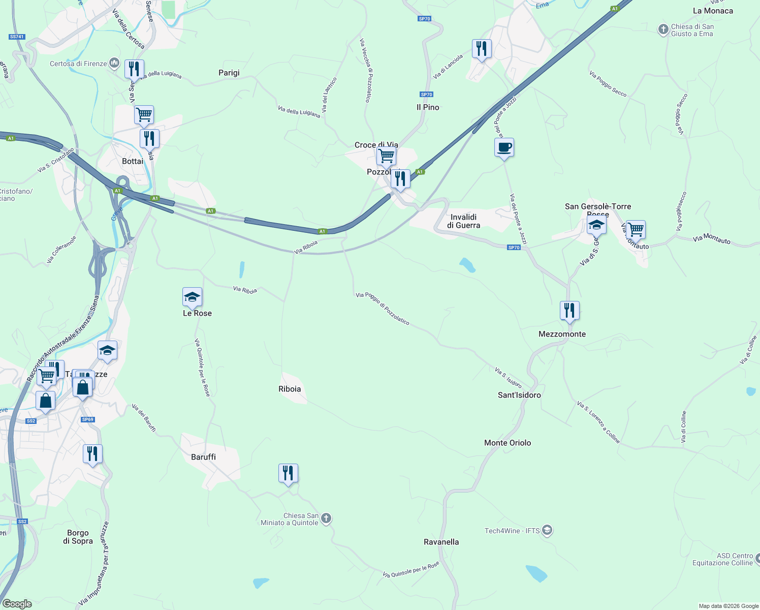 map of restaurants, bars, coffee shops, grocery stores, and more near 15 Via Poggio di Pozzolatico in Città Metropolitana di Firenze