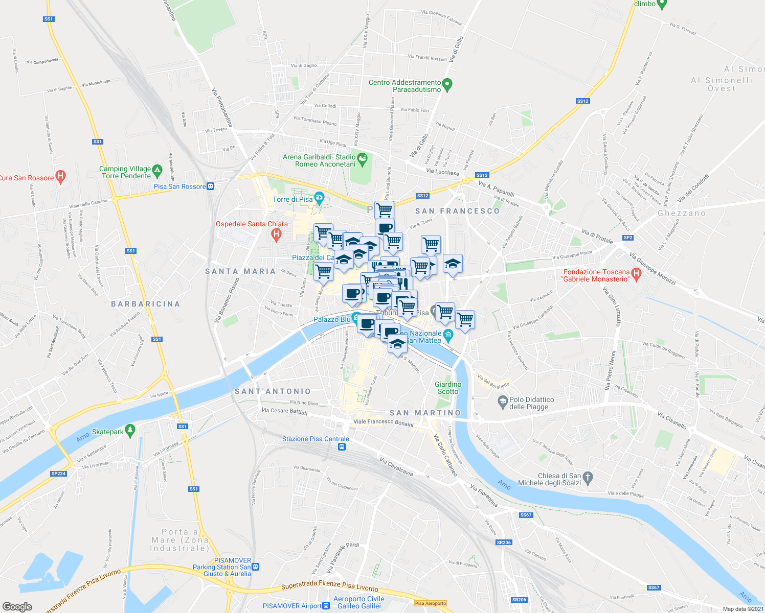 map of restaurants, bars, coffee shops, grocery stores, and more near 12 Borgo Stretto in Pisa