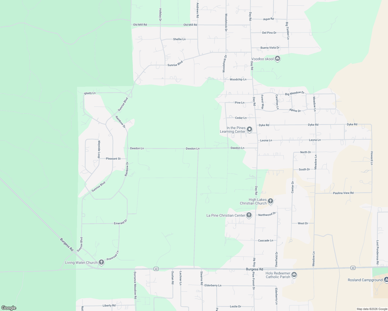 map of restaurants, bars, coffee shops, grocery stores, and more near 15789 Deedon Lane in La Pine