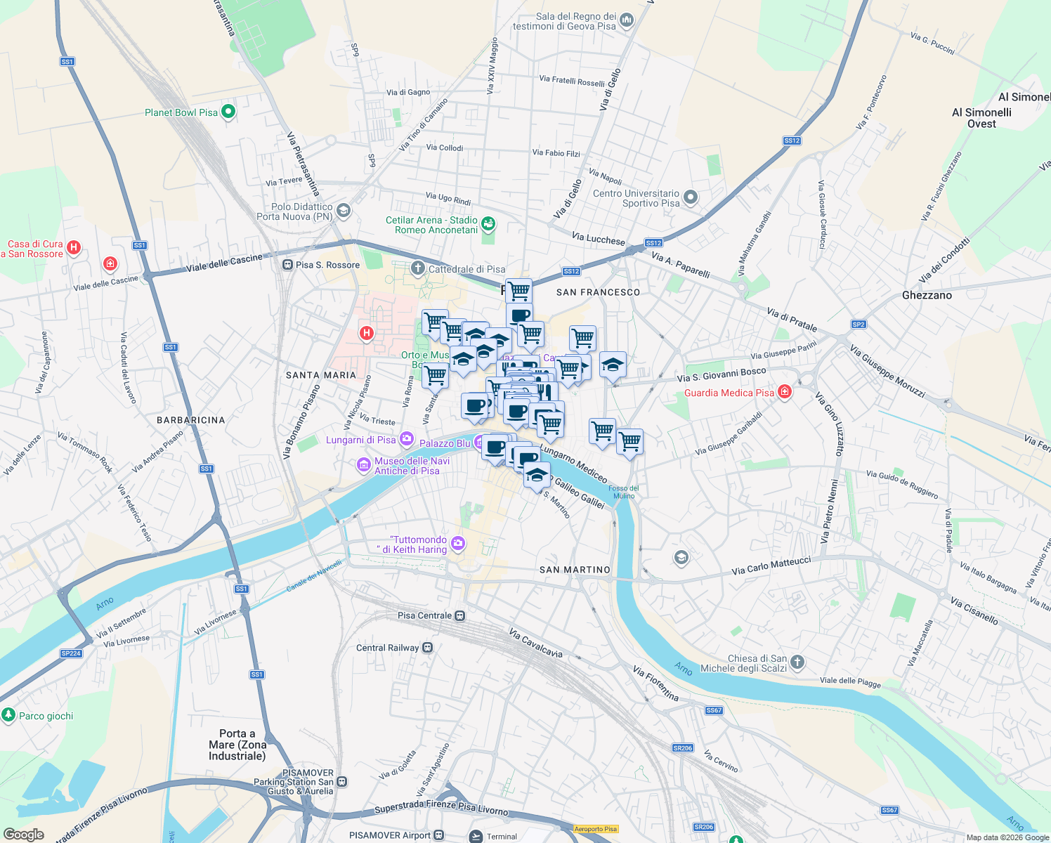 map of restaurants, bars, coffee shops, grocery stores, and more near 12 Borgo Stretto in Pisa