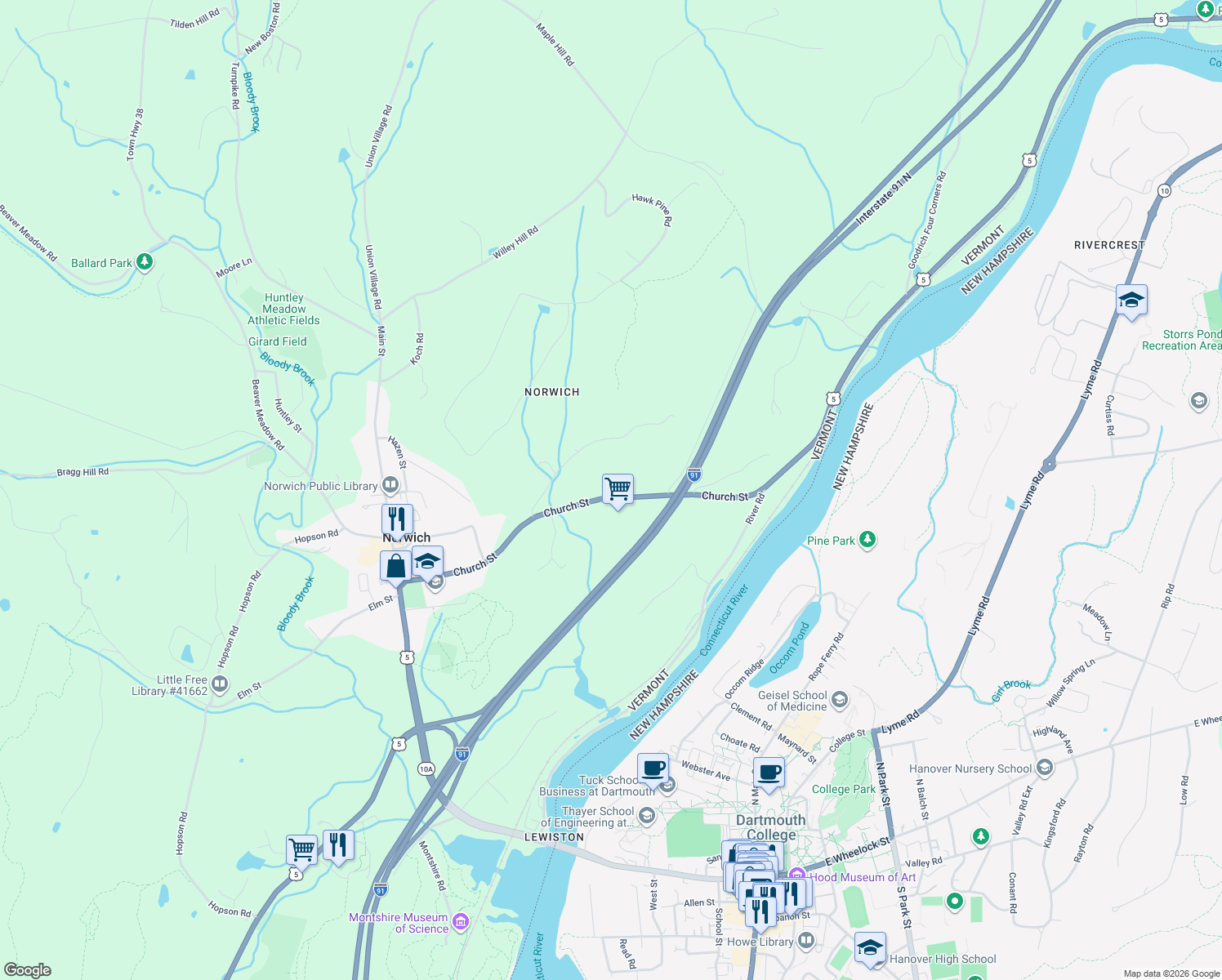 map of restaurants, bars, coffee shops, grocery stores, and more near 185 Church St in Norwich