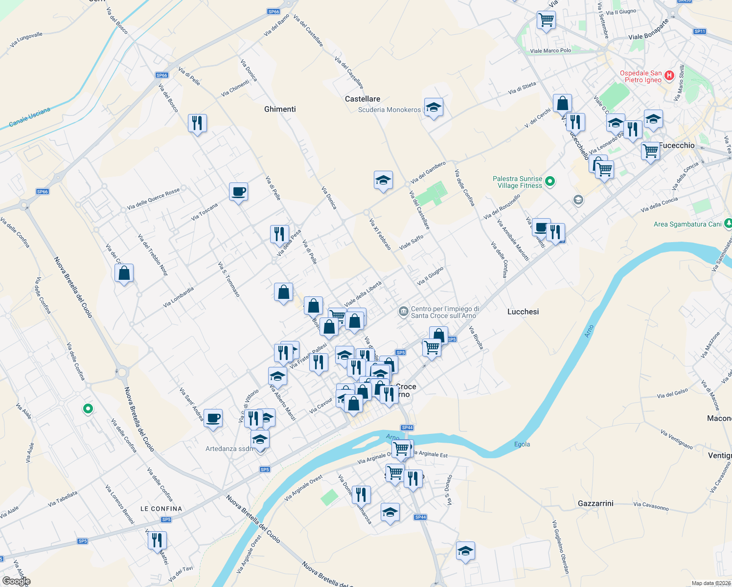 map of restaurants, bars, coffee shops, grocery stores, and more near 8 Via Don Morosini in Santa Croce Sull'arno