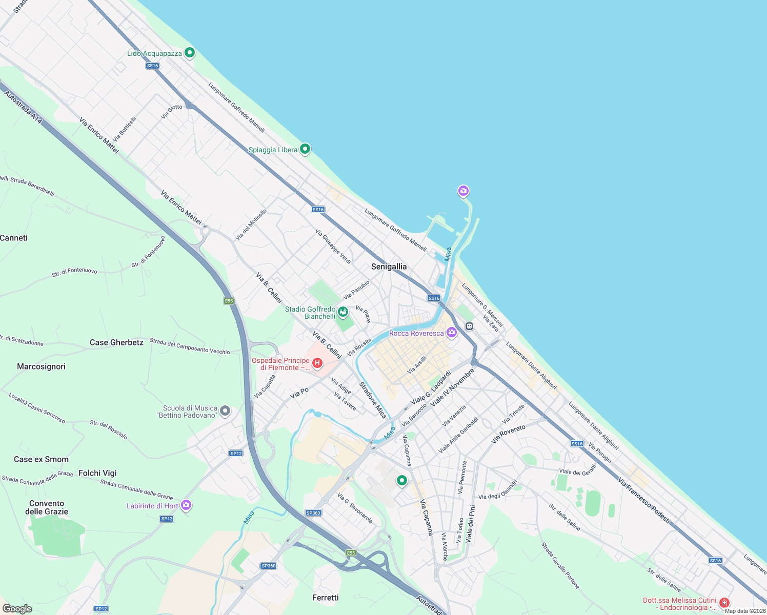 map of restaurants, bars, coffee shops, grocery stores, and more near 30 Via Annibal Caro in Senigallia
