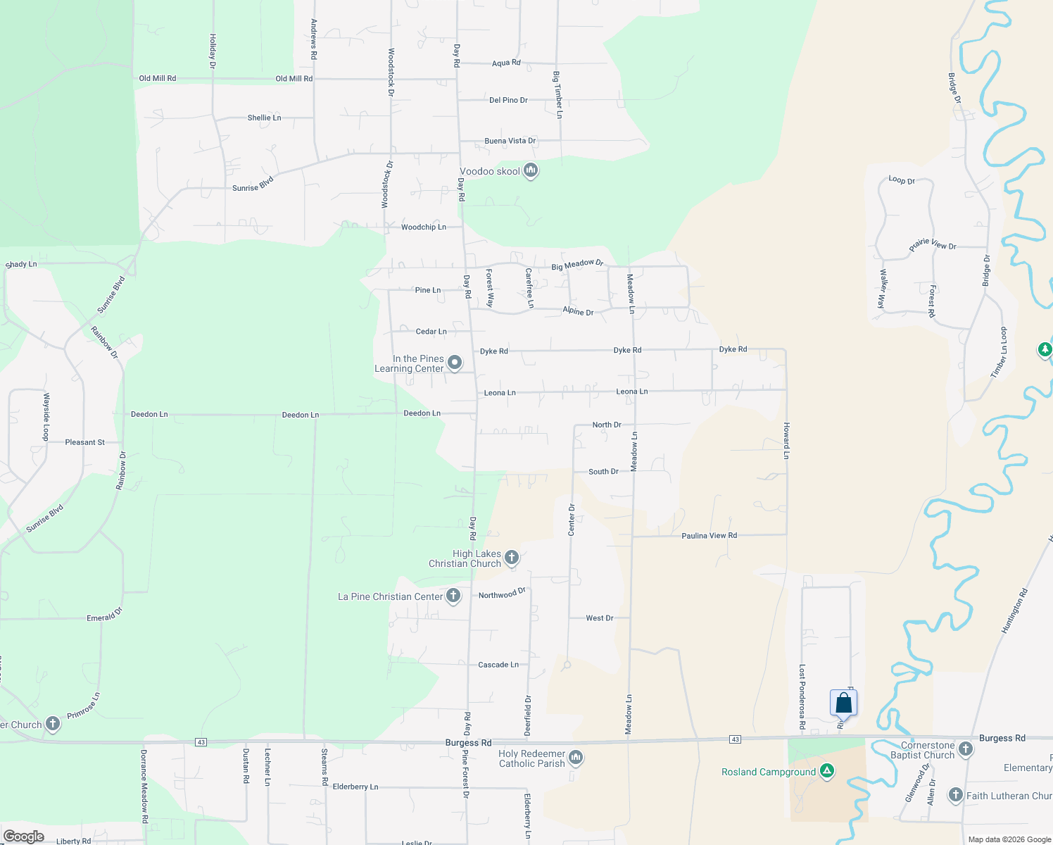 map of restaurants, bars, coffee shops, grocery stores, and more near 16064 Strawn Road in La Pine
