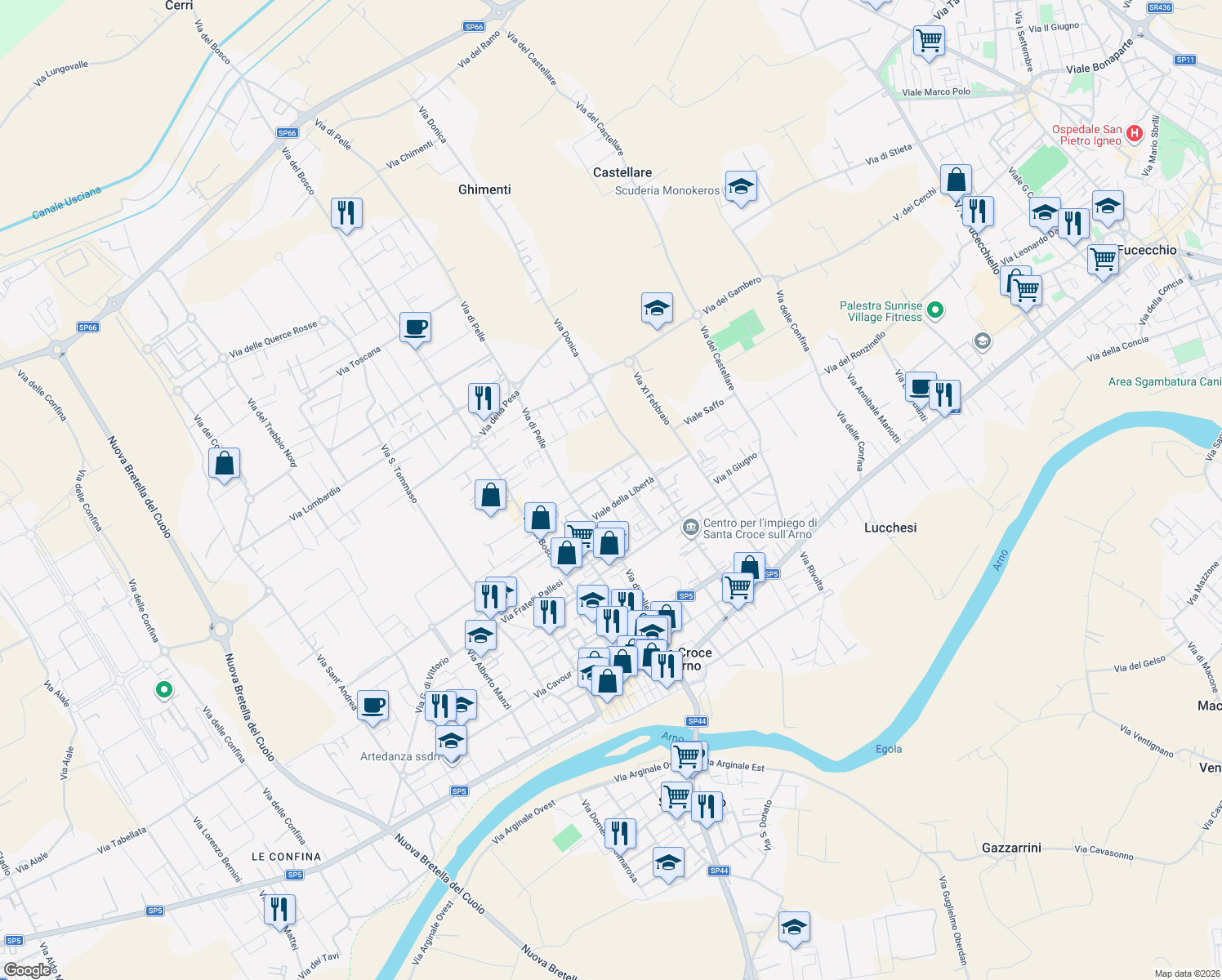 map of restaurants, bars, coffee shops, grocery stores, and more near 8 Via Don Morosini in Santa Croce Sull'arno