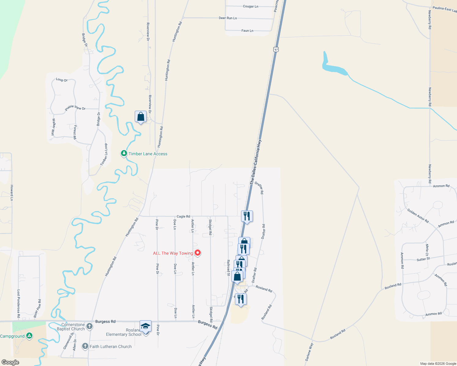 map of restaurants, bars, coffee shops, grocery stores, and more near 52790 Santa Barbara Drive in La Pine