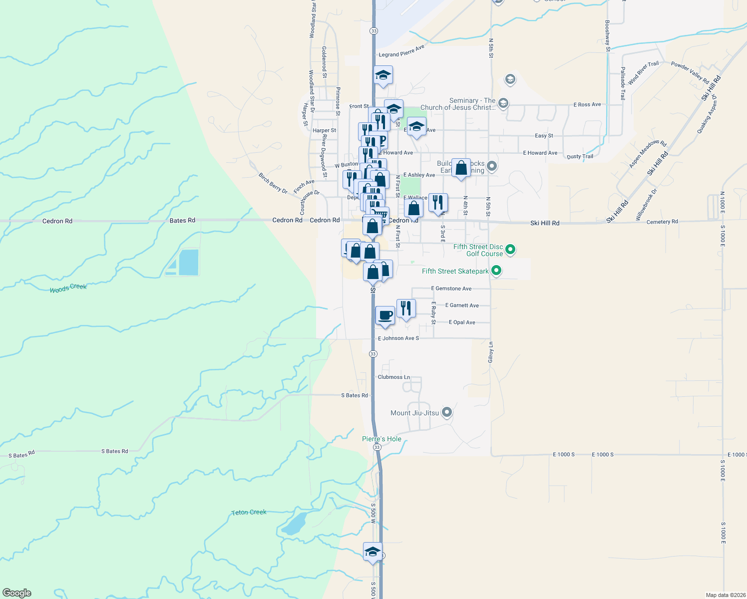map of restaurants, bars, coffee shops, grocery stores, and more near 185 S Main St in Driggs