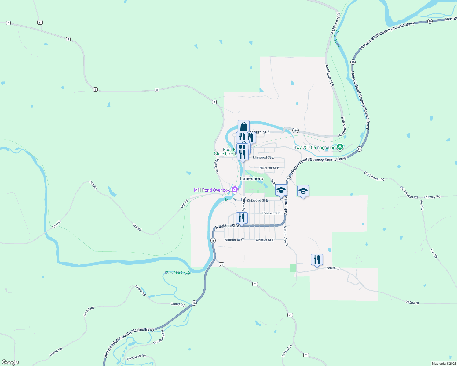 map of restaurants, bars, coffee shops, grocery stores, and more near 114 Norway Drive in Lanesboro