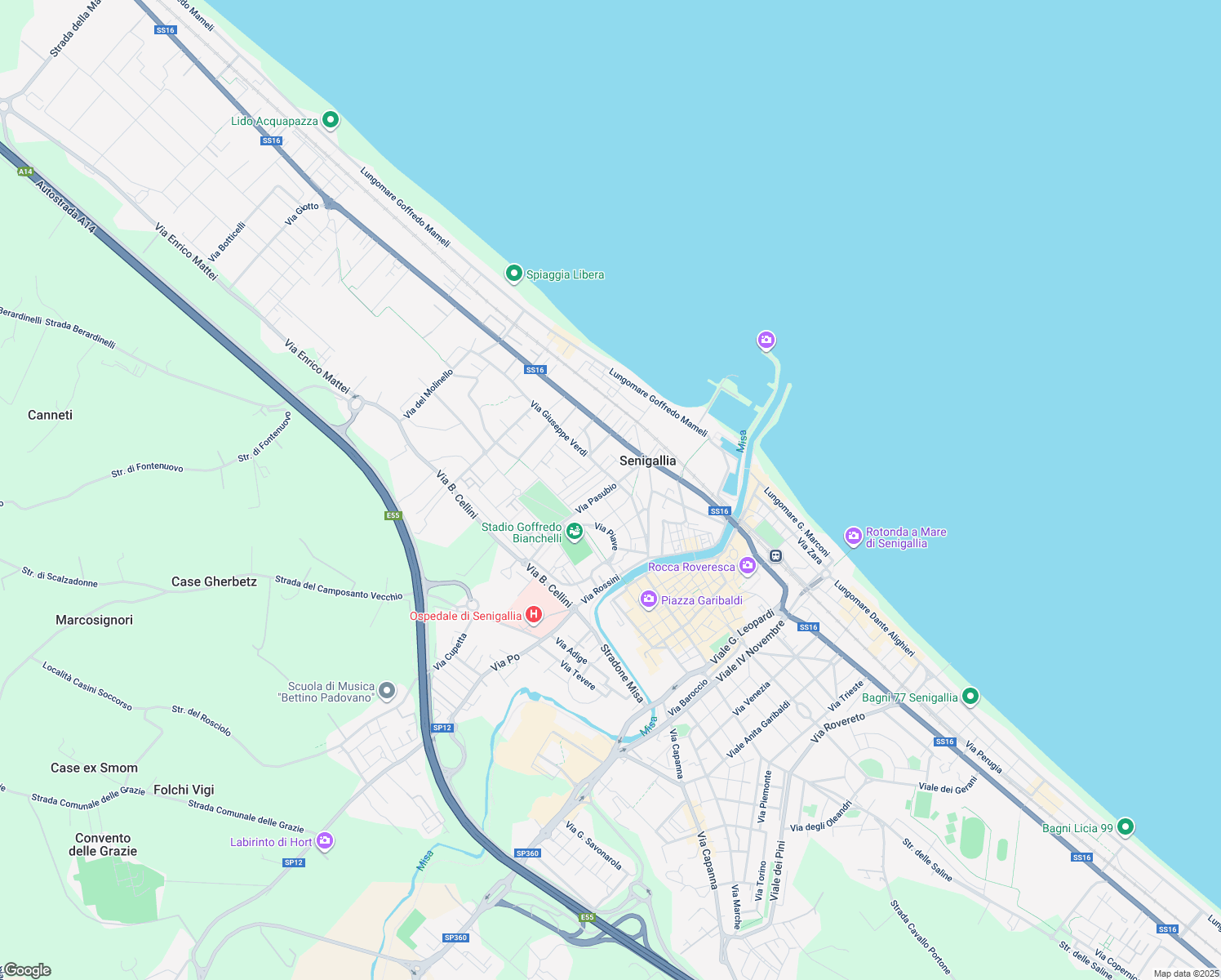 map of restaurants, bars, coffee shops, grocery stores, and more near 51A Via Giuseppe Verdi in Senigallia