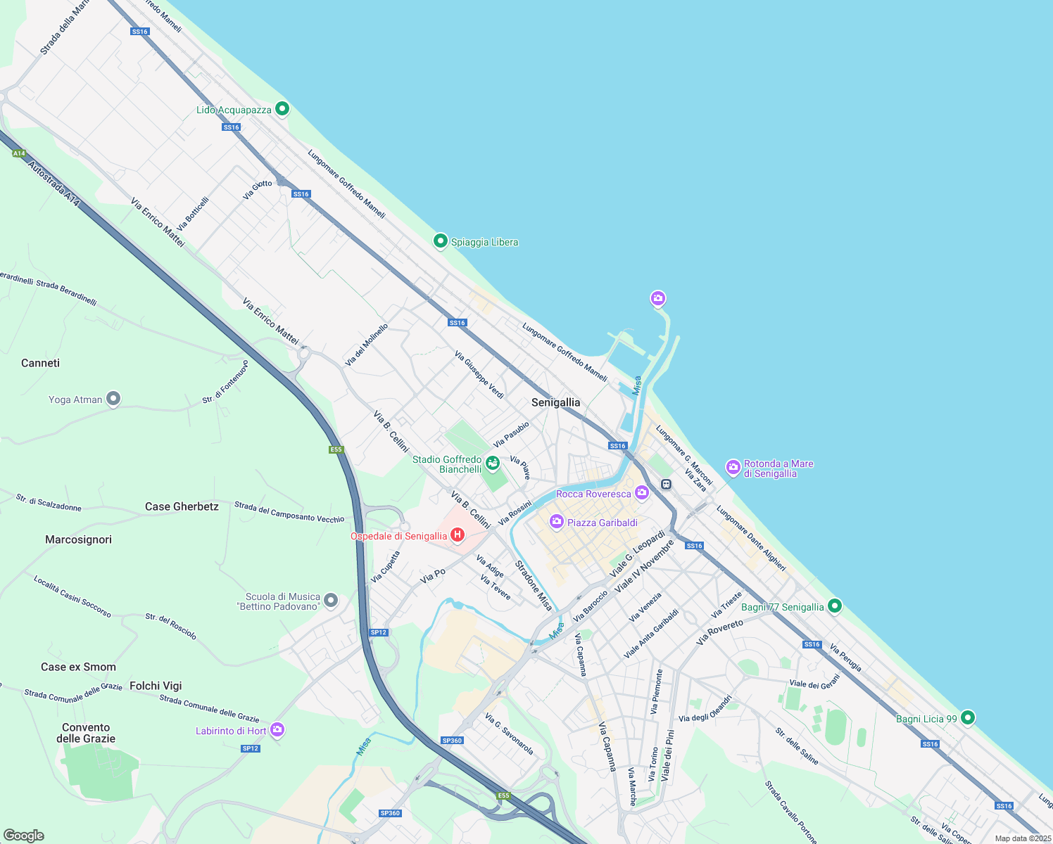 map of restaurants, bars, coffee shops, grocery stores, and more near 51A Via Giuseppe Verdi in Senigallia
