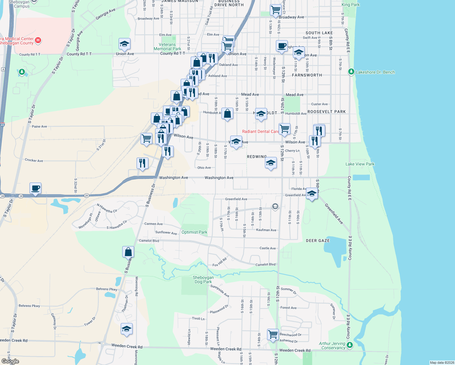map of restaurants, bars, coffee shops, grocery stores, and more near 3417 S 17th St in Sheboygan