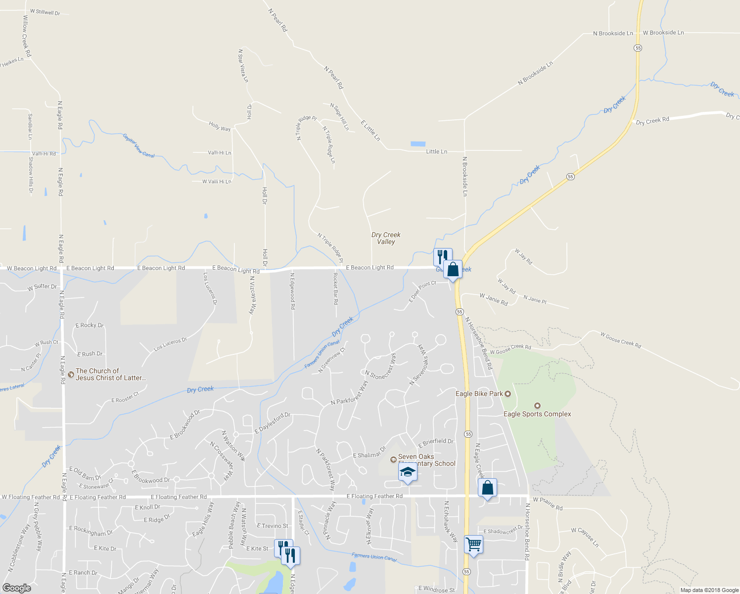 map of restaurants, bars, coffee shops, grocery stores, and more near 2415 East Beacon Light Road in Eagle