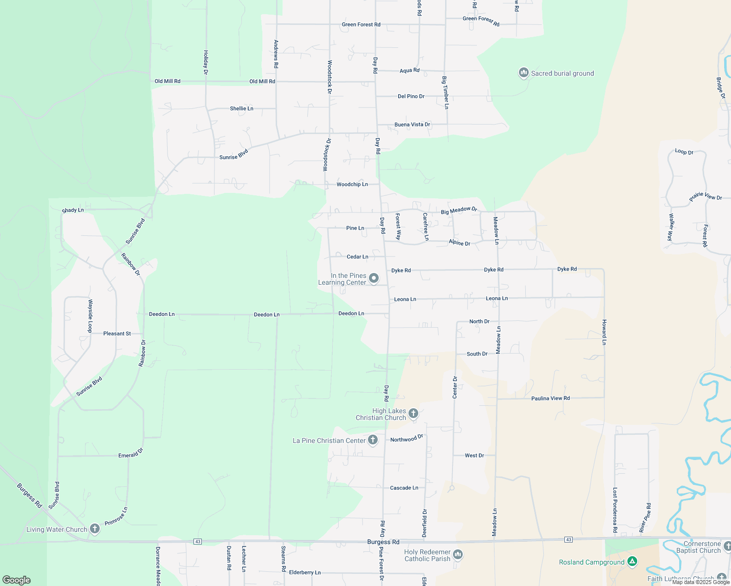 map of restaurants, bars, coffee shops, grocery stores, and more near 15955 Fir Lane in La Pine