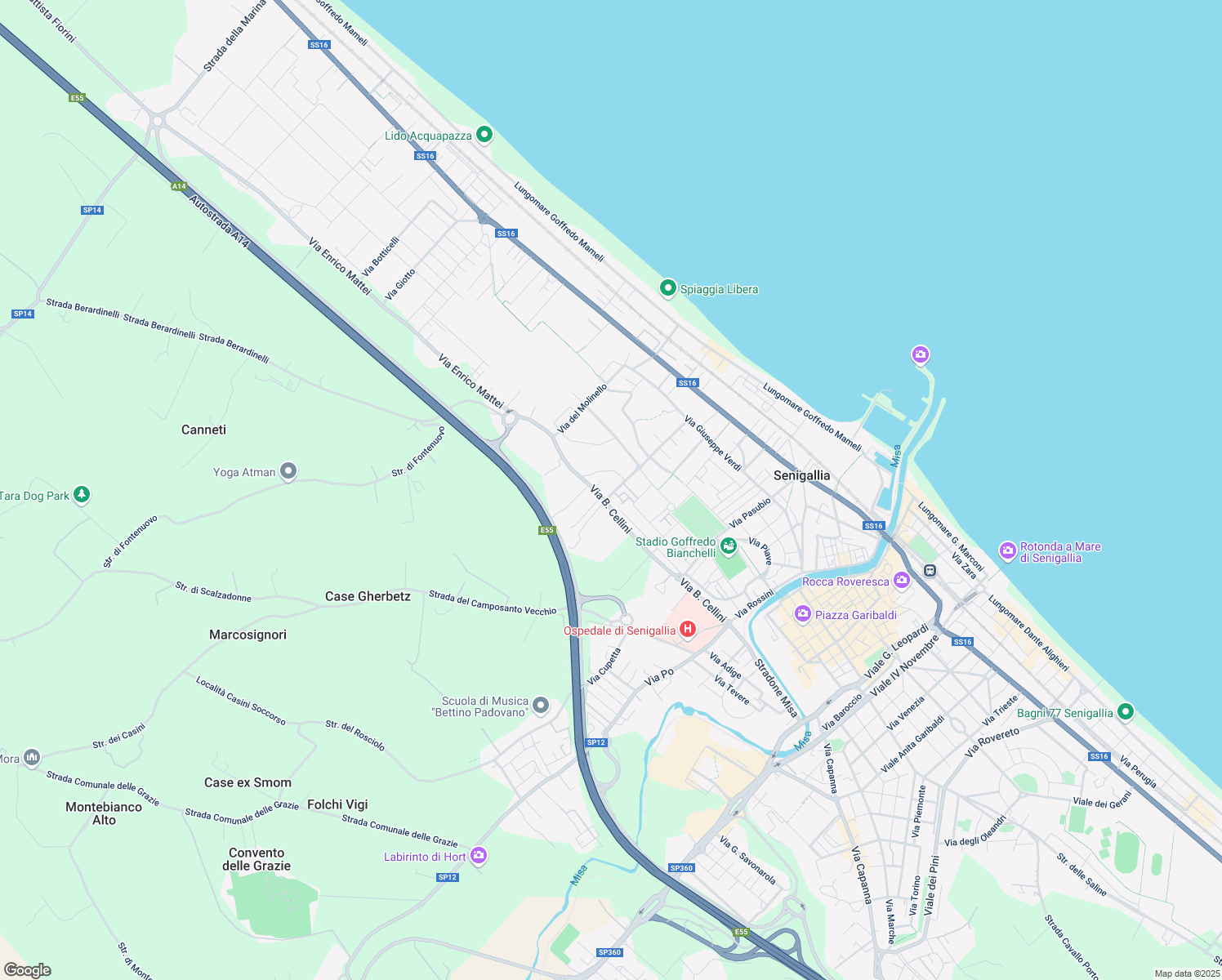 map of restaurants, bars, coffee shops, grocery stores, and more near 292 Via Benvenuto Cellini in Senigallia