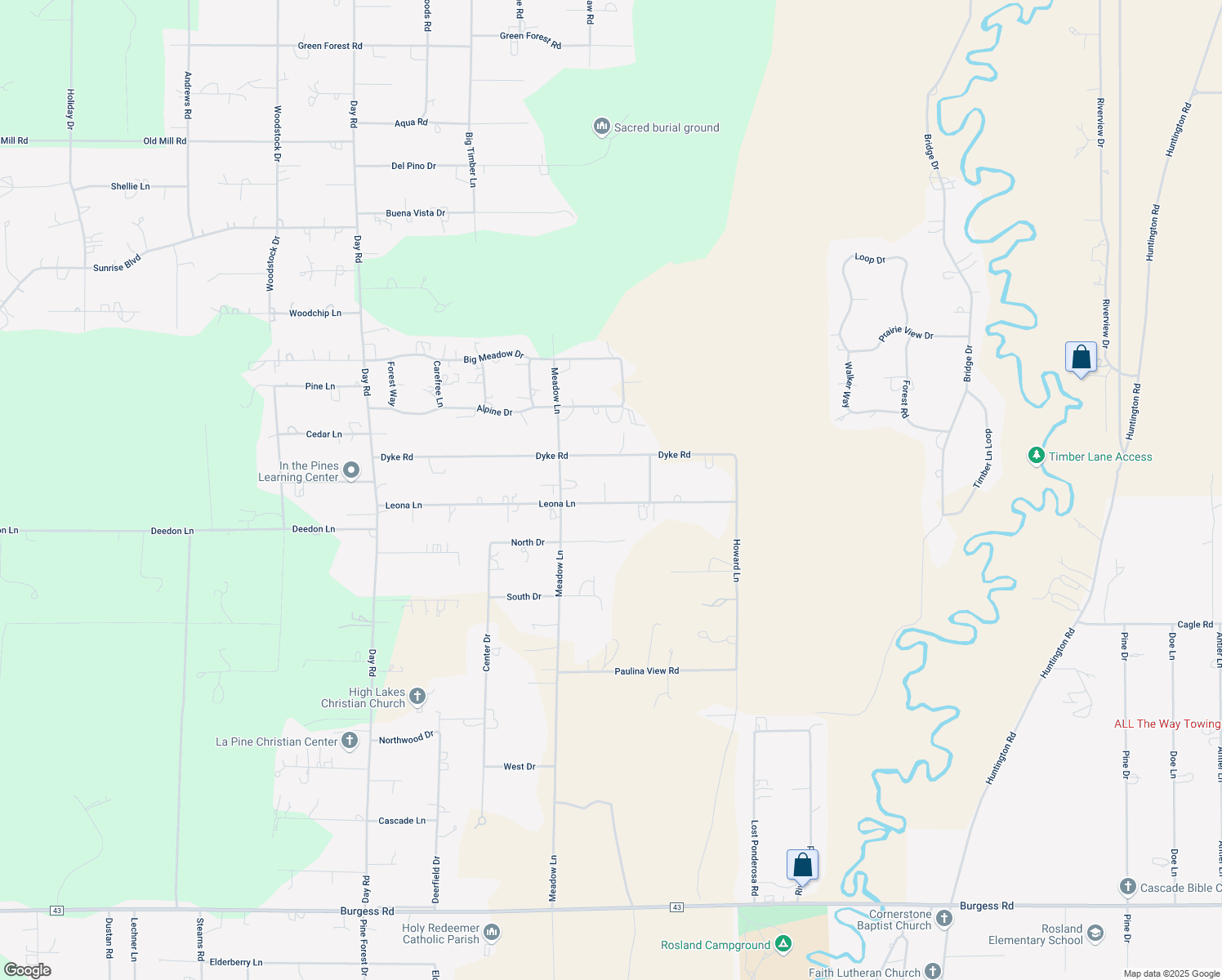 map of restaurants, bars, coffee shops, grocery stores, and more near 16260 Leona Lane in La Pine