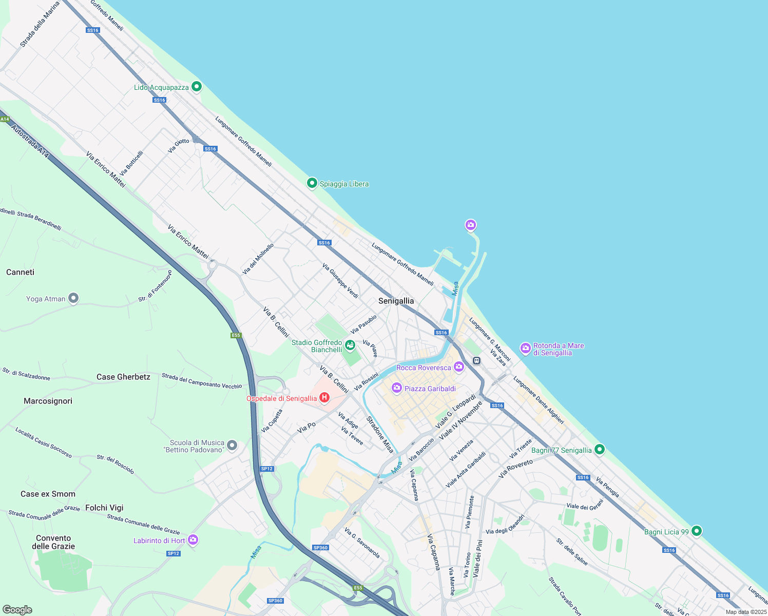 map of restaurants, bars, coffee shops, grocery stores, and more near 51A Via Giuseppe Verdi in Senigallia