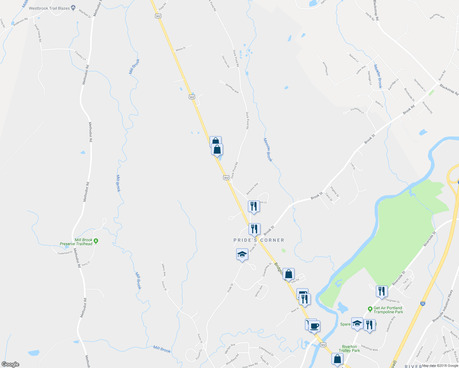 map of restaurants, bars, coffee shops, grocery stores, and more near 581 Bridgton Road in Westbrook